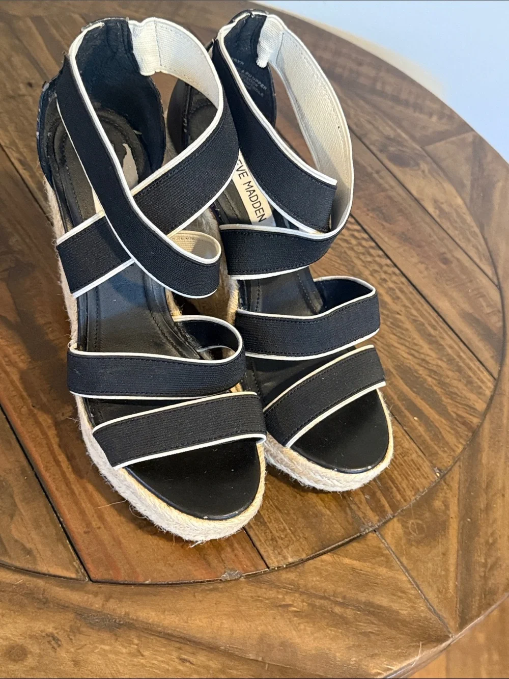 Steve Madden Black Espadrille Wedge Sandals with Cream Jute Platform
